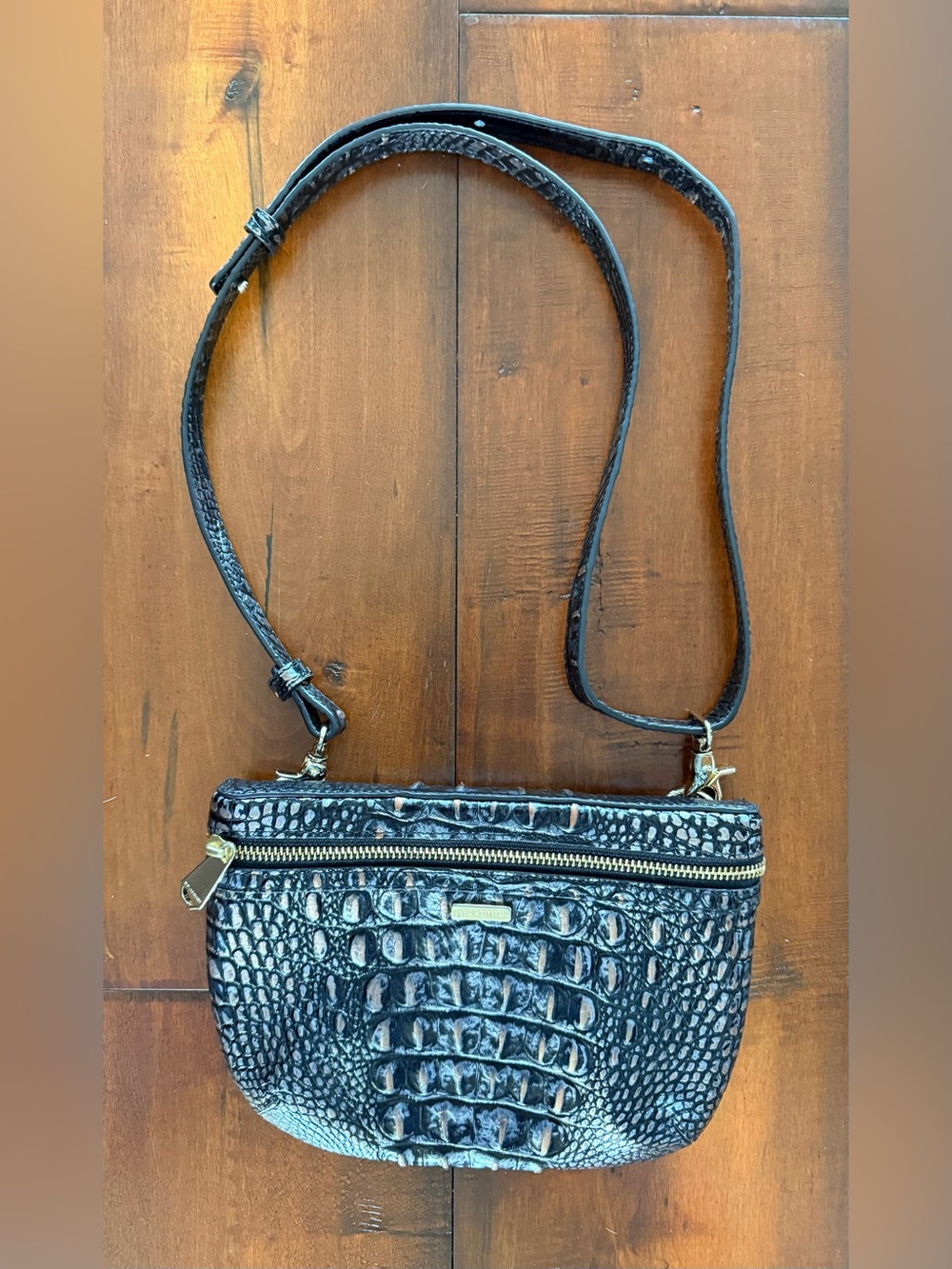 Brahmin Black and Copper Croc-Embossed Crossbody with Gold Hardware